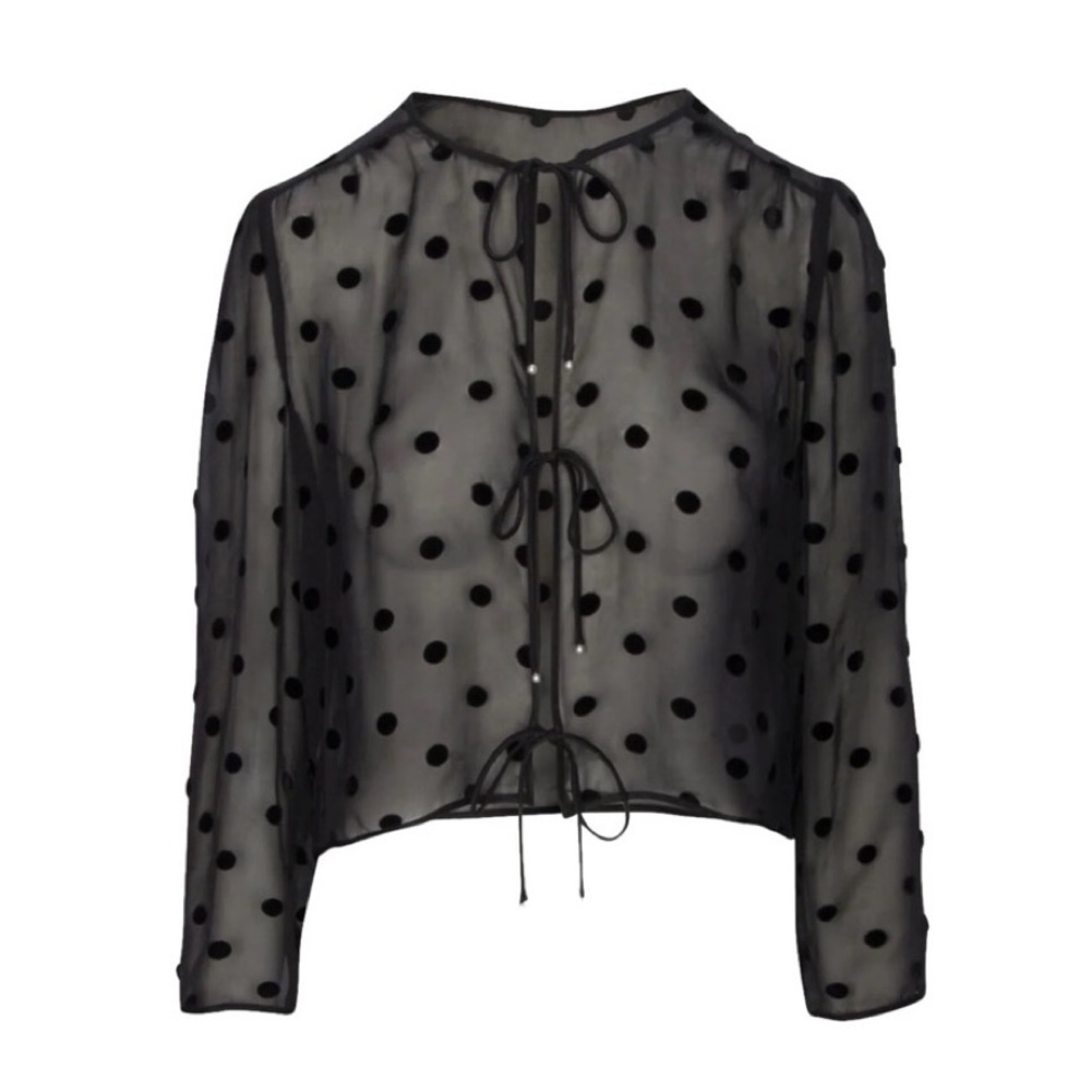 Réalisation Par Poppy Black Sheer Polka Dot Tie-Front Blouse